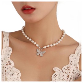 Cimenexe Bohemian Butterfly Pendant Necklace Vintage Pearl Necklace Butterfly Choker Necklace Silver Pearl Beads Necklace Choker Jewellery for Women and Girls Gifts