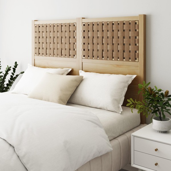 Nathan James Evelyn Scandinavian Brushed Finish and Faux Leather Weave Headboard, Queen, Natural Brown Wood