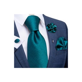 DiBanGu Solid Teal Necktie Silk Tie and Lapel Pin Brooch set Pocket Square Cufflinks for Men Wedding Formal