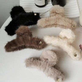 Elegant Plush Hair Claw Clip for Women - Autumn/Winter Large Fashion Hairpin Plate156 [Deep Coffee] Fleece Claw Clip with Heart Charm 20ea