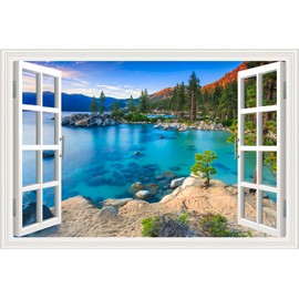 THNWSY 3D Self-Adhesive Painting Fake Window Wall Stickers Tropical Island with Palm Trees Wall Mural Window View Wall Decor for Home (M, 27.6"×17.3")