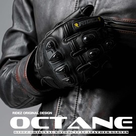 RIDEZ RLG11 Motorcycle Gloves, All Seasons, Leather Gloves, Protector, Spring, Summer, Autumn, Winter, Men's, Racing, Adult, Cowhide Leather, Supersport, Knuckle Guard, Black - XL