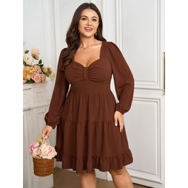 SCOMCHIC Women's Plus Size Dresses Cocktail Long Sleeve Sweetheart Neckline A Line Boho Cute Flowy Fall Mini Short Dress Rust Red