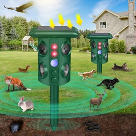 Solar Animal Repellent with Vibration, Waterproof, Motion Sensor & Flashing Light, Ultrasonic Pest Repellent for Snakes, Moles, Cats, Dogs, Squirrels, Deer, Raccoon, Coyotes - Outdoor Use
