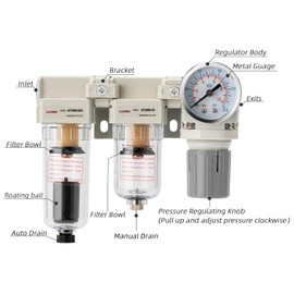 LNCHKA Air Pressure Regulator 1/4 NPT,Air Compressor Water Separator(0-150PSI),Air Compressor Dryer Auto Drain+Manual Drain-Double Air Filters