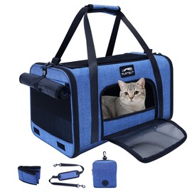 Soft Sided Cat Carrier Airline Approved up to 15lbs, 17x11x9.5 Inch Ventilated Pet Travel Bag with Foldable Litter Box & Storage, Portable Cat Transport Carrier for Flights Car Vet Blue