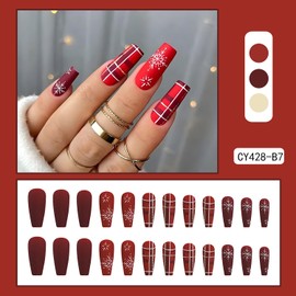 24Pcs Christmas Press on Nails with Snowflake Designs Red Glossy Full Cover Square Xmas Artificial Fake Nails Long Acrylic Winter False Nails with Glue Stick on Nails for Women