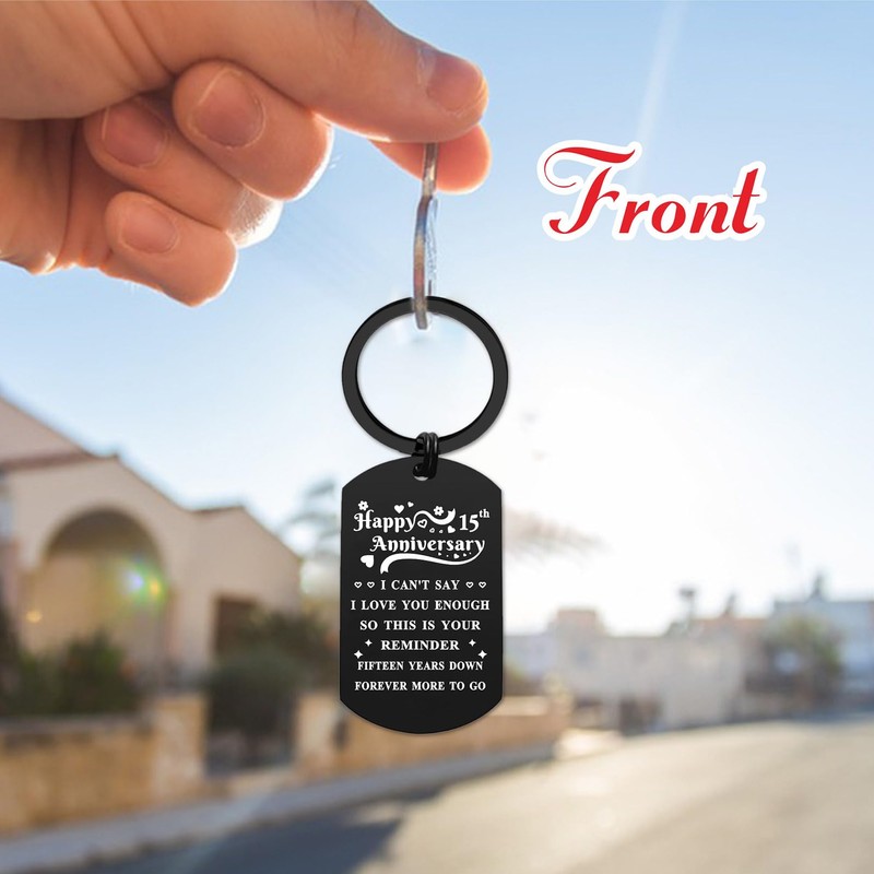 ENGZHI 15th Anniversary Keychain Gifts Women, 15 Year Down Forever