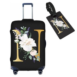 HAUYE Flower Letter N Black Luggage Cover with Luggage Tag Elastic Washable Stretch Suitcase Protector Anti-Scratch Travel Suitcase Cover for Kid and Adult M (for 22-24 inch suitcase)