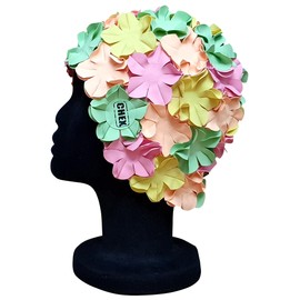 CHEX Anzio Thermal Rubber Floral Ladies Classic Retro 3D Flower Petal 4 Colour Stunning Vintage Art Deco Look Swimming Hat Swim Cap Generous One Size Adults (Pink/Green/Yellow/Peach)