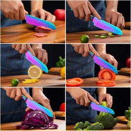 WELLSTAR Santoku Knife 5 Inch, Super Sharp German Steel Kitchen Cooking Knife with Comfortable Handle and Rainbow Coating for Slicing Dicing and Mincing of Meat Vegetables and Fruits for Small Hand