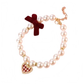 Adjustable Pearl Dog Collar & Cat Necklace - Vintage Bow & Heart Design, Decorative Pet Choker for Cats, Small and Medium Dogs (Red, XS (15-21cm / 5.9-8.3in))