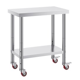 Happybuy Heavy-Duty Stainless Steel Work Table, 30 x 18 x 34 Inch, 700 LBS Capacity, 4 Wheels, 3 Adjustable Heights, for Commercial Kitchen & Restaurant, Silver