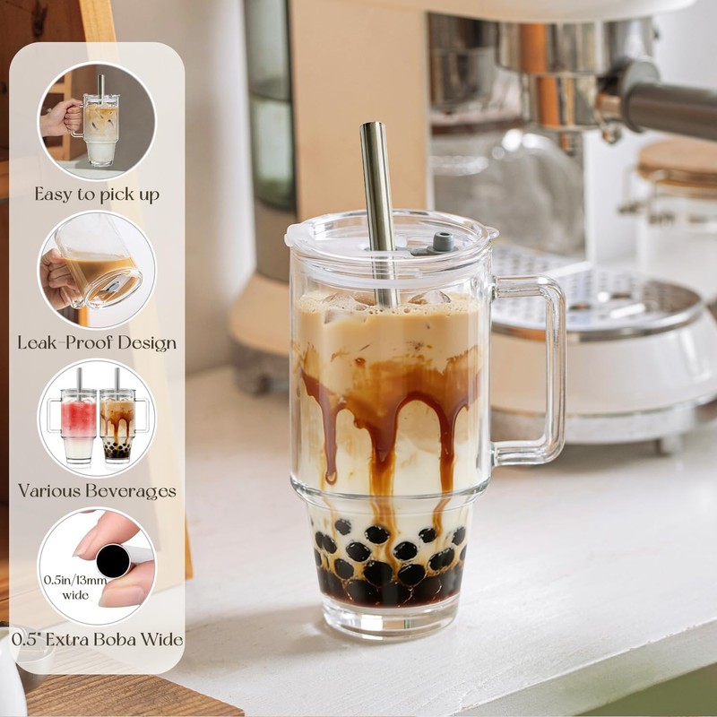 KEMORELA 24oz Clear Glass Tumbler with Handle, Lid & 13mm