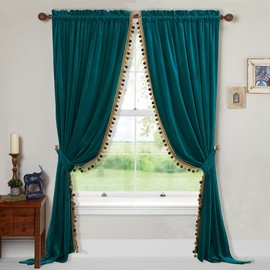 StangH Teal Pompom Velvet Curtains - Luxury Velvet Bedroom Curtains Room Darkening Window Decorative Drapes Thermal Insulated Privacy Curtains for Living Room, W52 x L84, 2 Panels & Tiebacks