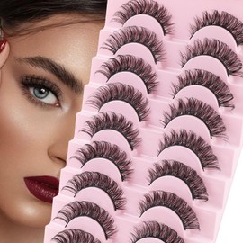 Poiuyoiu False Eyelashes 10 Pairs Russian Tape Eyelashes Natural Looking Eyelash Extension D-Curls Cat Eye Eyelashes 3D Effect Reusable Wispy False Eyelashes DIY at Home