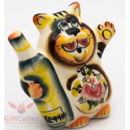 Cat bottle of Kefir cartoon Collectible Gzhel style Colorful Porcelain Figurine