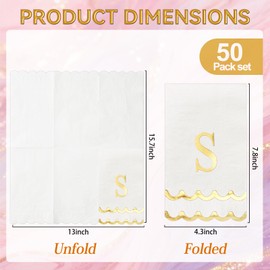 50 Pcs Scalloped Disposable Hand Towels Monogrammed Decorative Paper Napkins White and Gold Initial Guest Towels for Dinner Bathroom Party Supplies (S)