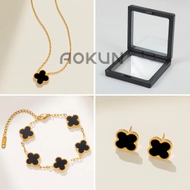 AOKUN 4pzs Collar Y Pulsera Y Aretes Trébol Para Mujer 18k Color Negro Regalos de San Valentín