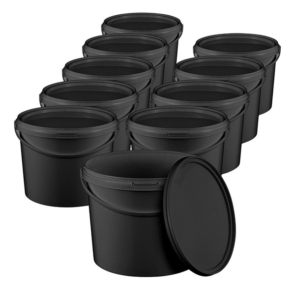 BenBow Bucket with Lid, 1 Litre, Black, 10 x 1 Litre, Food-Safe, Stable, Airtight, Leak-Proof, Odourless, Plastic Storage Container with Handle, Empty