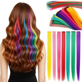 Set de 9 Extensiones de Pelo con Clip, Mechones de Colores Brillantes | 21 Pulgadas Extensiones Colores Reutilizabless, para Mujeres Niñas Festivales Cosplay, Multicolor