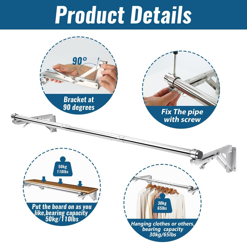 Foldable Wall Mounted Clothes Rack-44'' Long Rod&2 Bases,Stainless Steel, Heavy