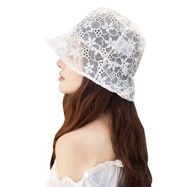Women's Lace Cap, Summer, Fisherman Hat, Bucket Hat, Sun Visor, Breathable, Work Cap, Travel, UV Protection, Embroidery, Sun Hat, Stylish, Cute, Actress Hat, Small Face Effect, Large Flower White