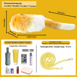 HUIJUFU Realistic Puffy Plush Cat Shaped Crossbody Handbag for Women（Yellow and white）