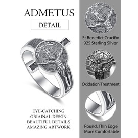 ADMETUS Crucifix Cross Ring Sterling Silver St Benedict Jesus Rings for Men Medalla de San Benito Jewelry Gifts Size 11