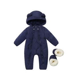 SKYTWO Baby/Toddler Quilted Puffer Jumpsuit - Winter Snowsuit with Dual Zippers, Hooded, Includes Booties (Navy Blue, 3-6M)