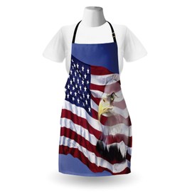 Ambesonne American Flag Apron, Bless America Banner in the Wind Eagle Double Exposure Citizen Image, Unisex Kitchen Bib with Adjustable Neck for Cooking Gardening, Adult Size, Blue Red