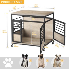 DWVO Dog Crate Furniture, 32 Inch Dog Kennel Indoor Furniture End Table Dog Crate for Dogs, Modern Decorative Dog Crate Wooden Dog Crate Furniture with Wheels, Chew-Resistant, Grey