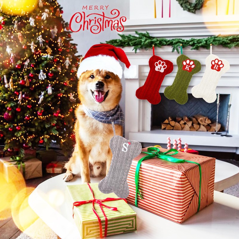 Dog Stocking with Initials，Bone Christmas Stocking with Letters,Large Knit Embroidered