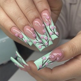FOXIIU Press on Nails Coffin Long Length Glossy Full Cover Acrylic Coffin Shape French False Nails with Resin Floral Designs Artificial Ballerina Square Fake Nails Glue Stick on Fingernails for Women
