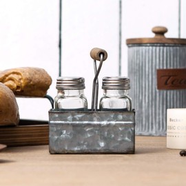 Synovana Salt and Pepper Shakers Set with Holder, Rustic Salt and Pepper Shakers with Galvanized Metal Caddy, Vintage Farmhouse Salt and Pepper Set for Restaurant Kitchen Table Decor