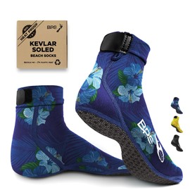 BPS 'Feet First' Beach Volleyball Socks Ultra Flexible Sand Soccer Socks Quick Dry Aqua Sock with Kevlar Soles, Hibiscus Blue With Rubber Grip Soles, Medium