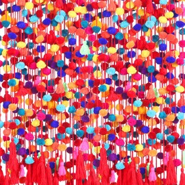 VitalCozy 24 Pcs Mexican Pom Pom Garland Colorful Mexican Party Decorations 5 Feet Yarn Tassel Cinco de Mayo Party Decoration Tassel Garland Wool Ball Decoration