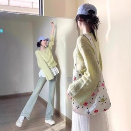 [Overseas] Punching Cardigan Women's Front Green Tan Cardigan Blouse Women's Summer New Arrivals Lazy Light Green - XXL is recommended for 120-130 pounds 2ea