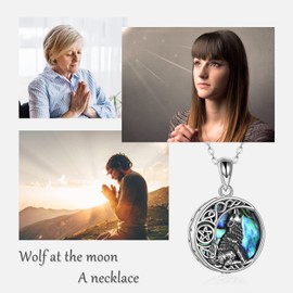 POPLYKE 925 Sterling Silver Wolf Urn Necklace for Ashes for Women Abalone Celtic Moon Wolf Cremation Jewelry for Men 18+2 inch