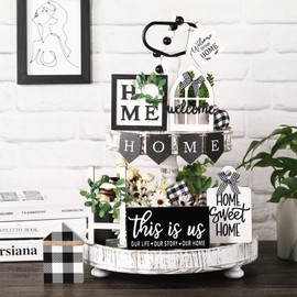 Patelai Two Tiered Tray with 11 Pcs Wooden Signs, Farmhouse Tiered Tray Decor Set Rustic Home Kitchen Table Fall Decor Wood Tiered Tray Stand Decorative Table Shelf Centerpiece (Plaid Style)