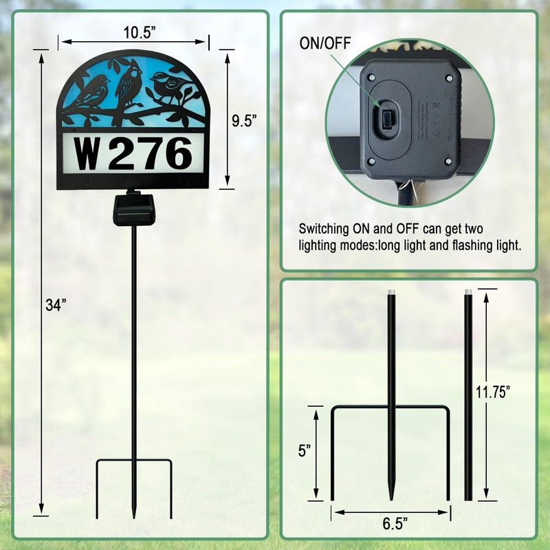 VividLadybug Solar House Numbers Yard Sign Stake, Solar Powered Lights