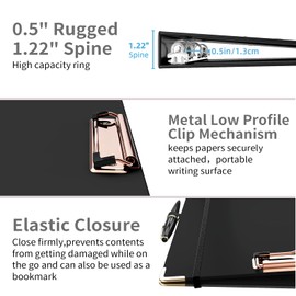 Ospelelf 3 Ring Binder 1/2 Inch, Cute Binder for Letter Size (11" x 8.5") with 5 Tab Dividers, File Folder Labels and Low Profile Clipboards, Black Binder for School Supplies and Office Supplies