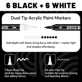 Pagather Black and White Acrylic Paint Markers, 12 Dual Tip with Fine Tip and Brush Tip Pens for Fabric, Stone, Wood, Canvas, Ceramic, Metal, Glass, Rock Painting, DIY Crafts