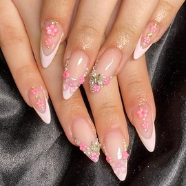 Flower Press on Nails Medium Almond MABKJLF Pink French Tip Fake Nails False Nails with Designs Bow Butterfly Floral Glossy Glue on Nails Acrylic Nails Stick on Nails for Women Girls 24 Pcs