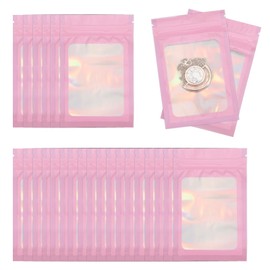 PATIKIL 100 Pcs Anti Tarnish Jewelry Bags, Plastic Zipper Lock Jewelry Pouch for Holding Storage Rings Earrings, 5 x 3 Inch, Laser Pink