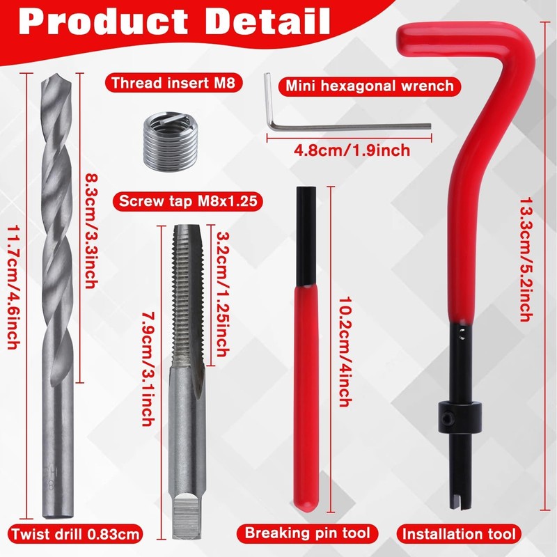 LEONTOOL 30 Pieces M8 x 1.25 Helicoil Thread Repair Kit,