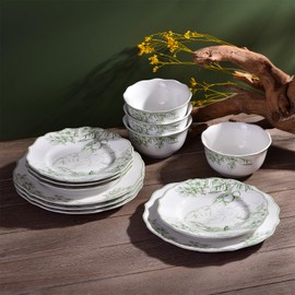 222 Fifth Hudson Valley 12-Piece Porcelain Dinnerware Set – Service for 4, Plate & Bowl Set, White with Green Floral and Fauna Traditional Design, for Daily Dining, Microwave & Dishwasher Safe