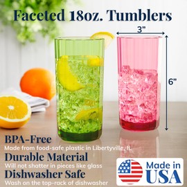 US Acrylic Faceted Plastic Reusable Drinking Glasses (Set of 6) 18oz Water Cups Assorted Colors | BPA-Free Tumblers, Made in USA | Top-Rack Dishwasher Safe