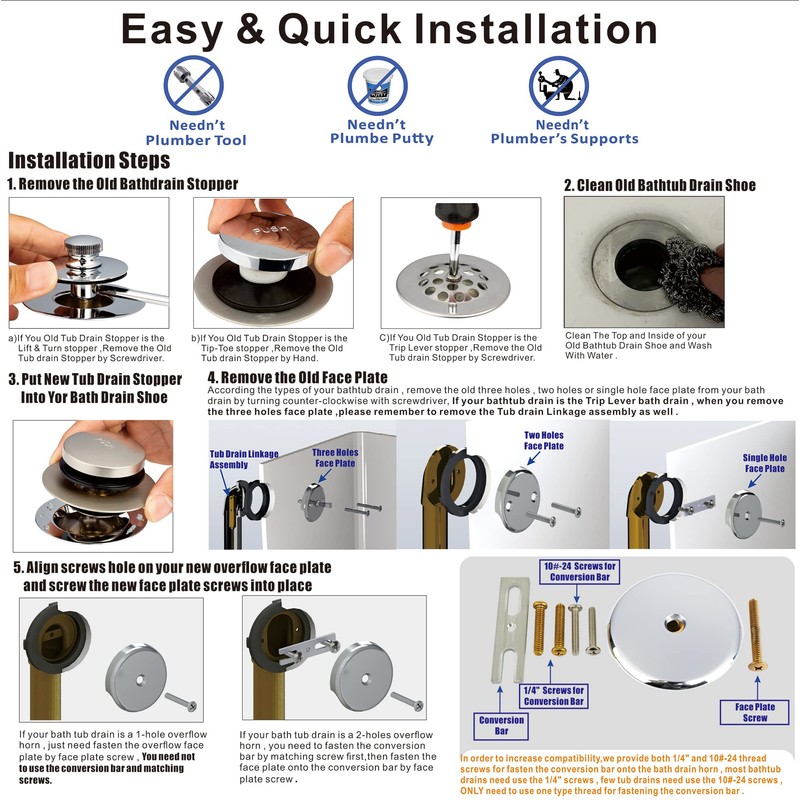 Artiwell Brushed Nickel Universal Tip Toe Tub Drain Conversion Kit
