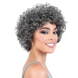 HUA Grey Human Hair Wig for Women Glueless, Gray Short Curly Bangs Wig - Salt & Pepper for Older Black Women/Mom/Grandmother Daily Use 6 Inch Pixie Cut Bouncy Curly Human Hair Wigs 150% Density